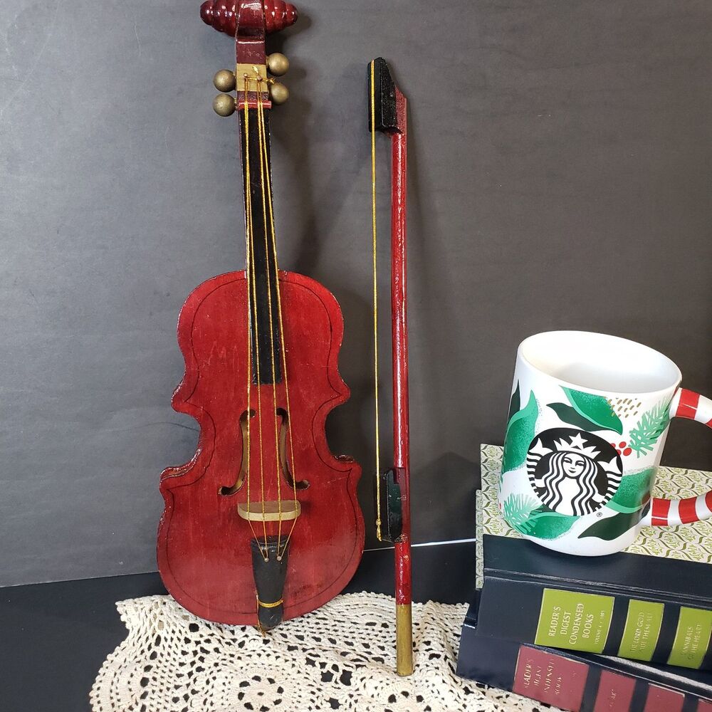 Vintage Faux Miniature Wooden Violin with Bow Shelf Decoration Decor 15"